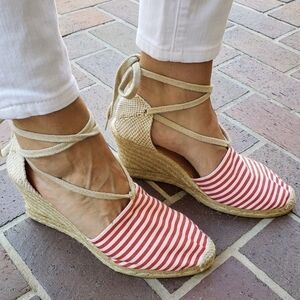 Andre Assous Striped Wedge Lace Up Espadrille Red White Size 10 New